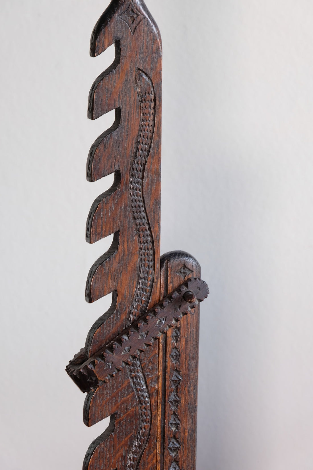 Rare Arts & Crafts Carved Oak Ratchet Adjustable Candle Stand