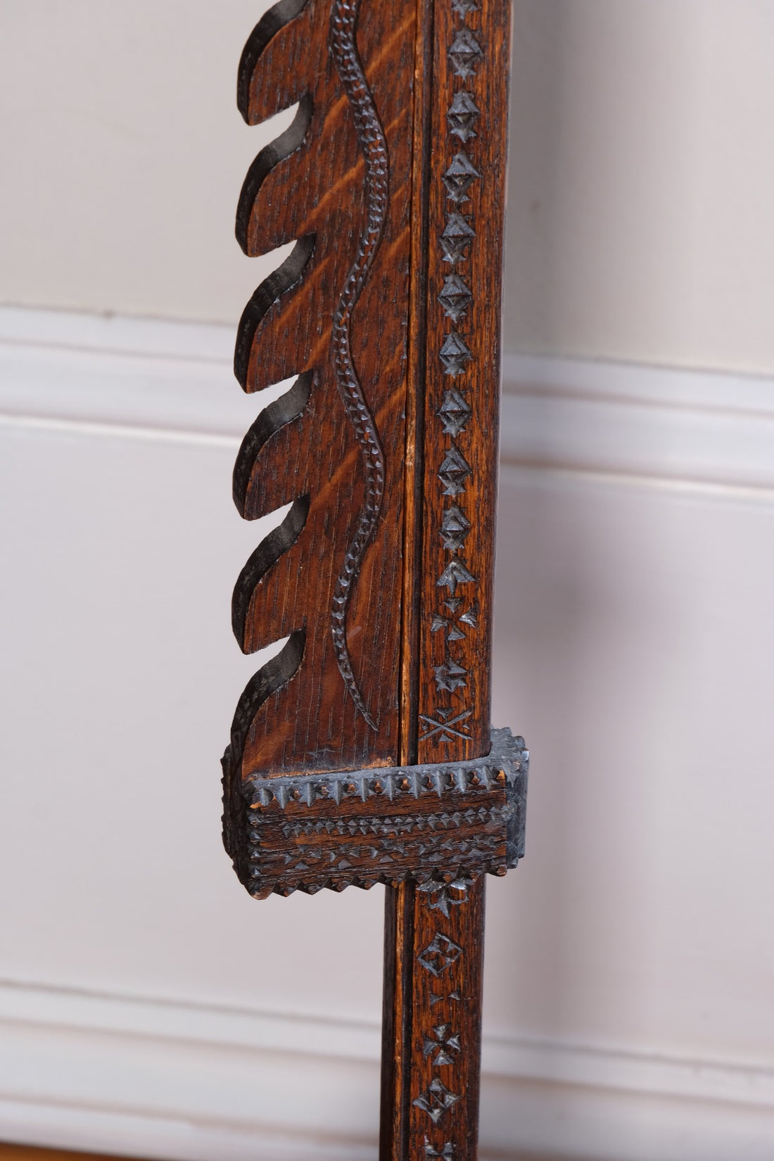 Rare Arts & Crafts Carved Oak Ratchet Adjustable Candle Stand