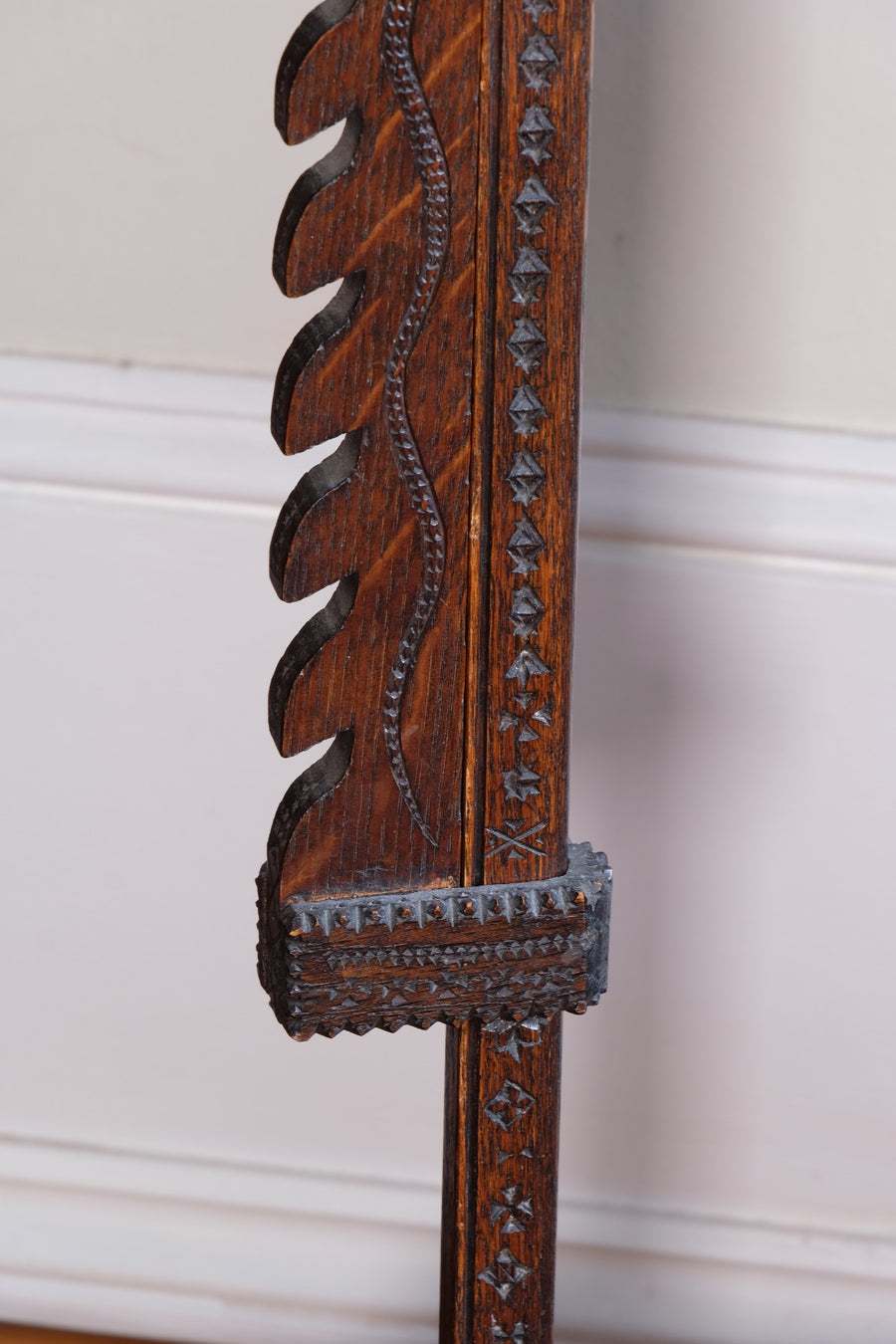 Rare Arts & Crafts Carved Oak Ratchet Adjustable Candle Stand