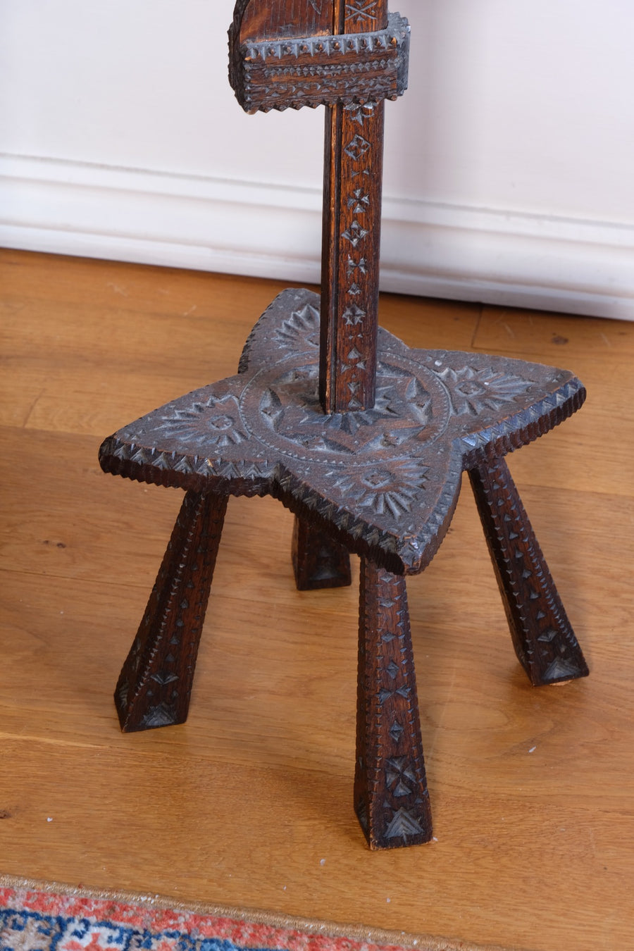 Rare Arts & Crafts Carved Oak Ratchet Adjustable Candle Stand