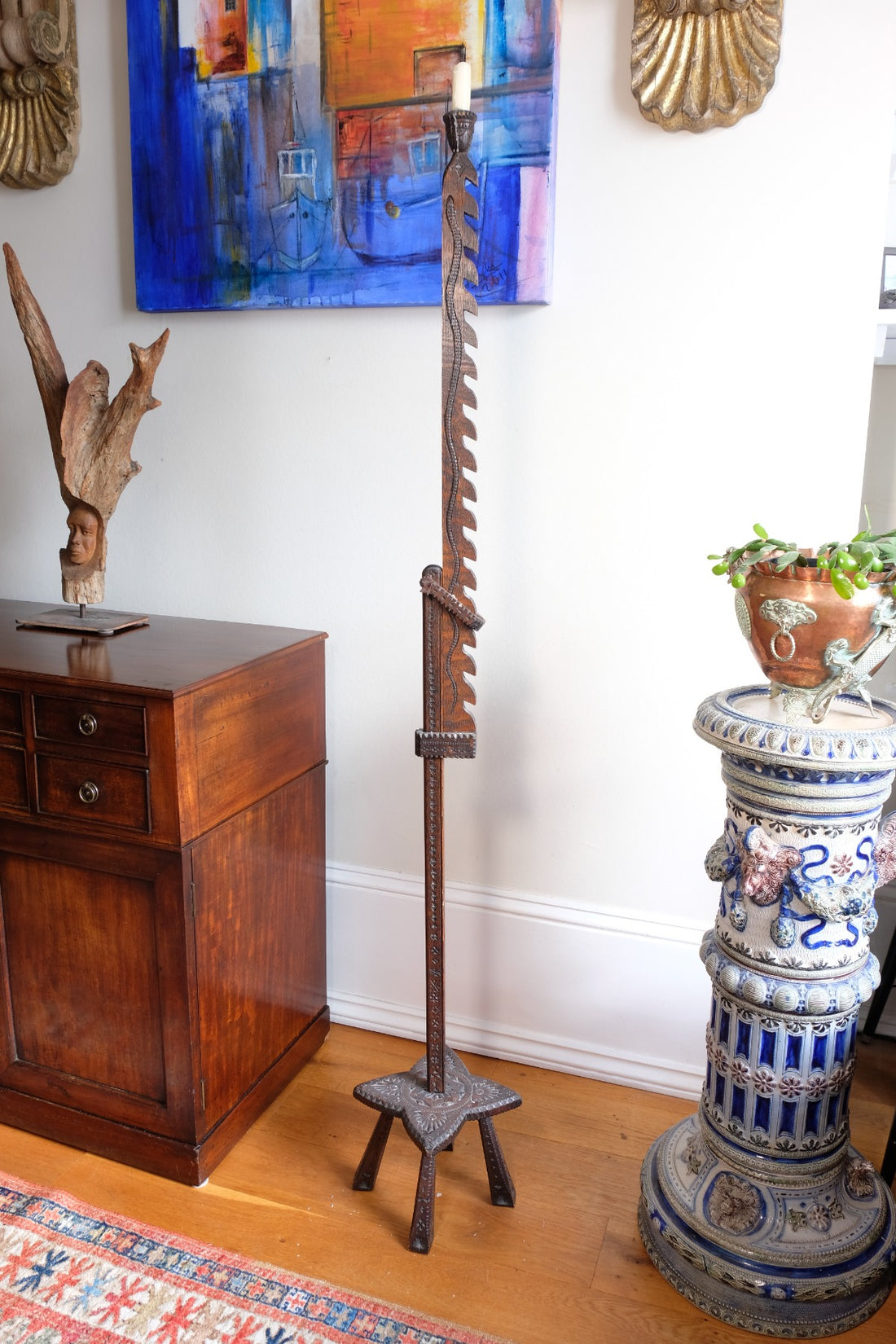 Rare Arts & Crafts Carved Oak Ratchet Adjustable Candle Stand