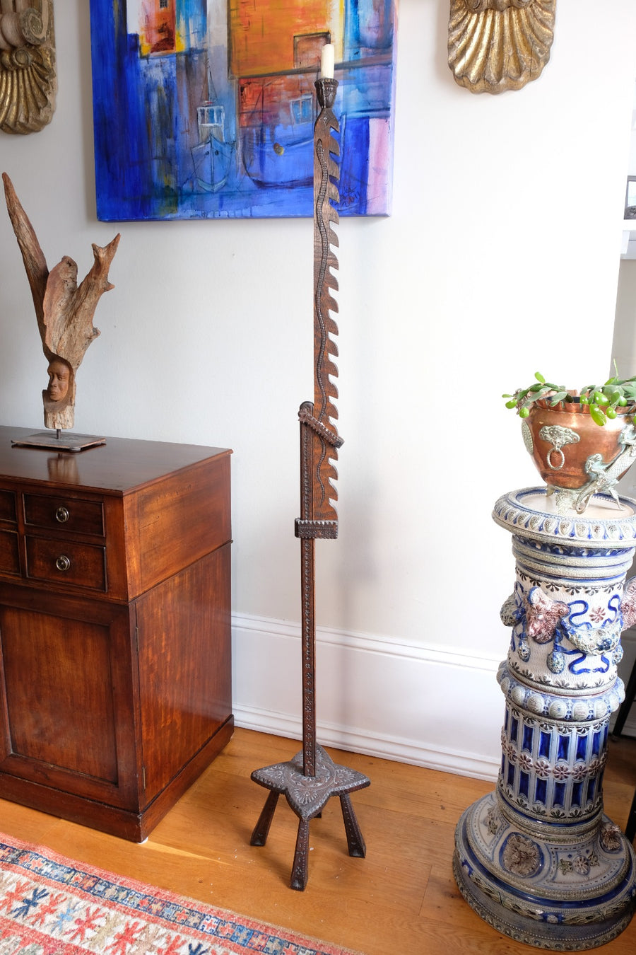 Rare Arts & Crafts Carved Oak Ratchet Adjustable Candle Stand