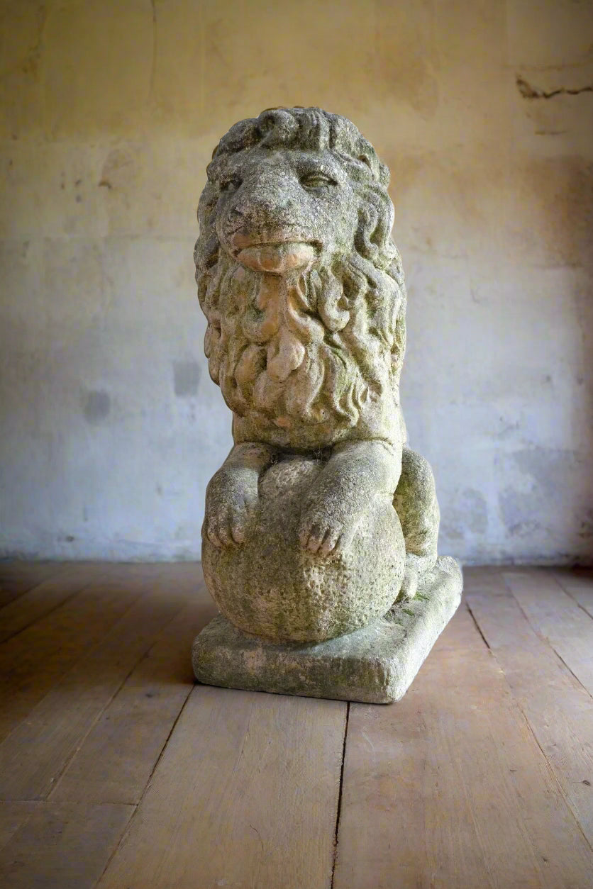 Weathered Stone Lion with Ball Guardian Pair Classic Garden Statue
