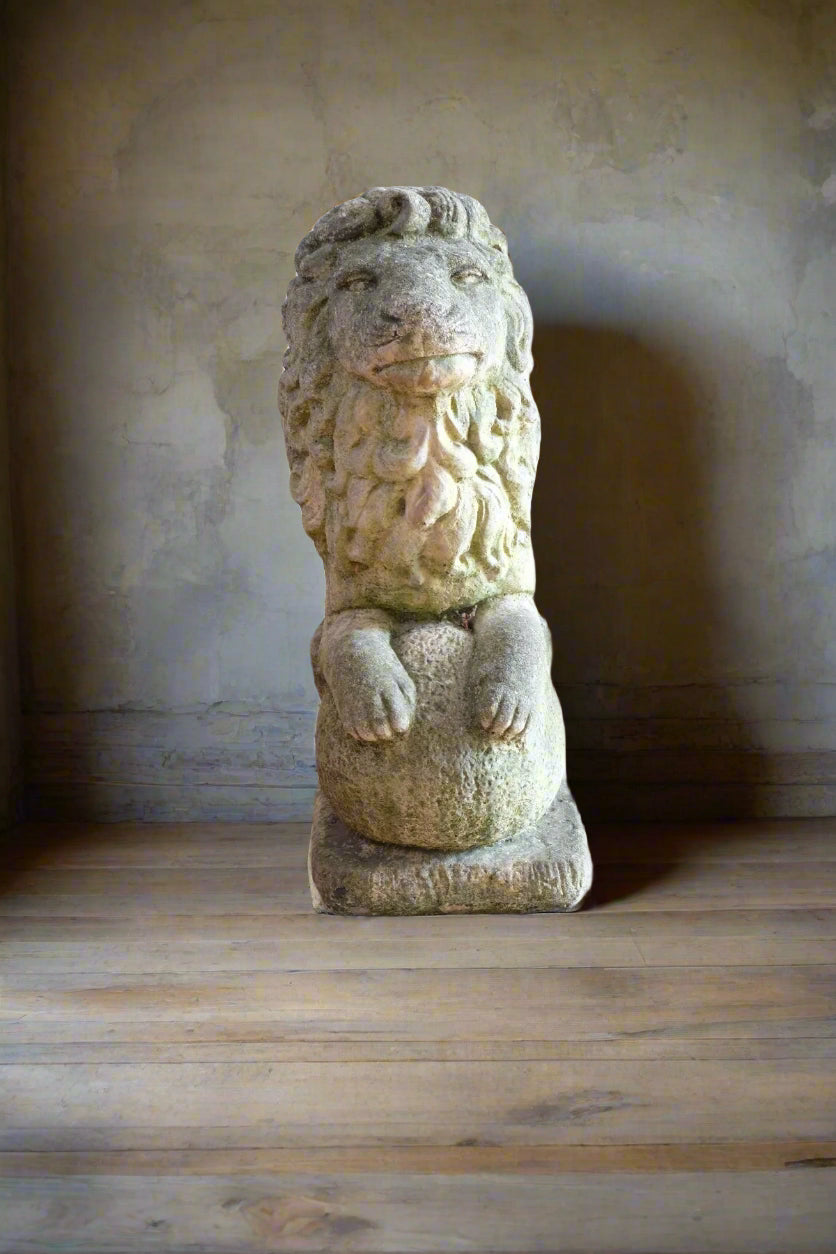 Weathered Stone Lion with Ball Guardian Pair Classic Garden Statue