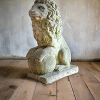 Weathered Stone Lion with Ball Guardian Pair Classic Garden Statue
