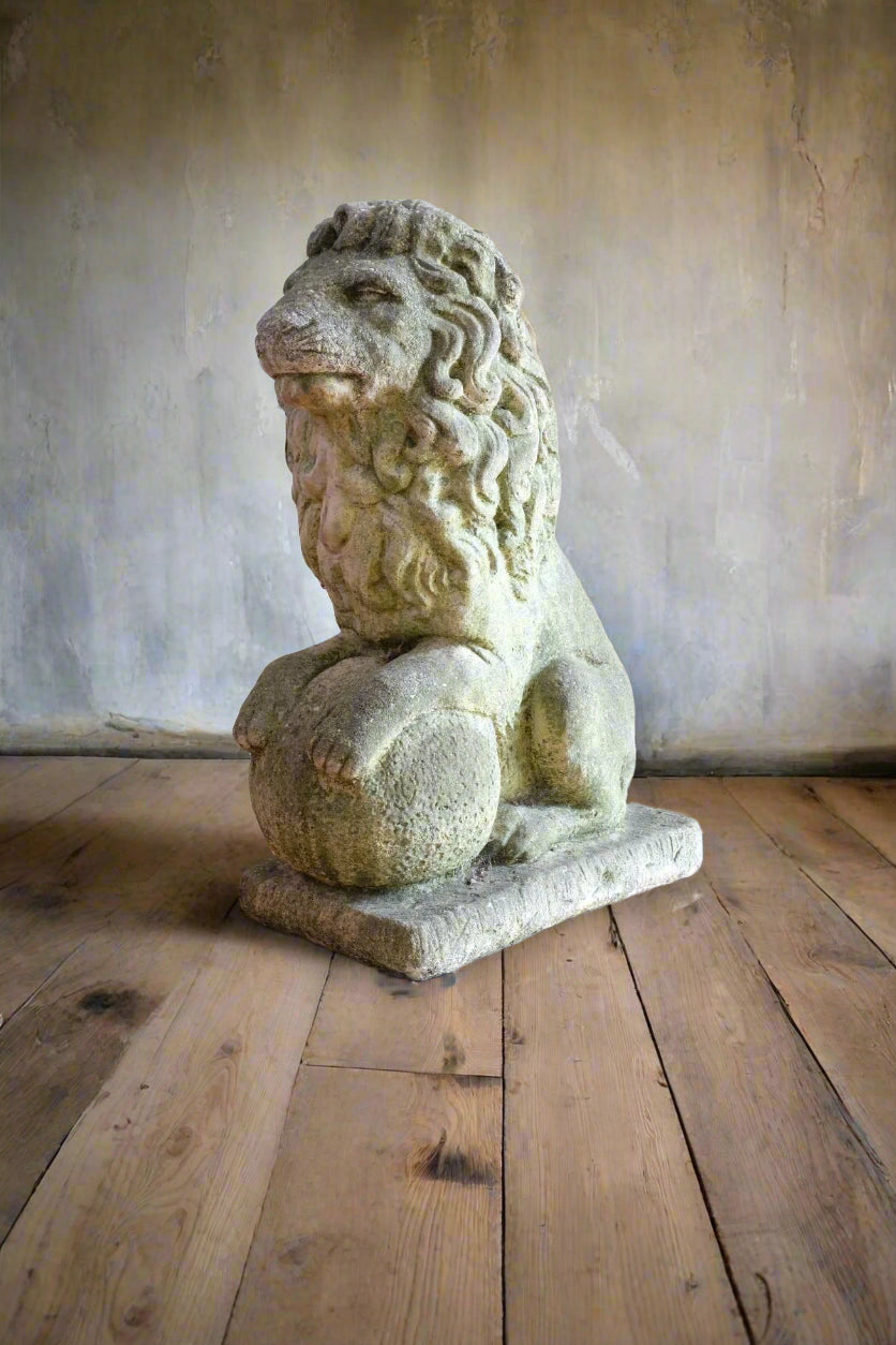 Weathered Stone Lion with Ball Guardian Pair Classic Garden Statue