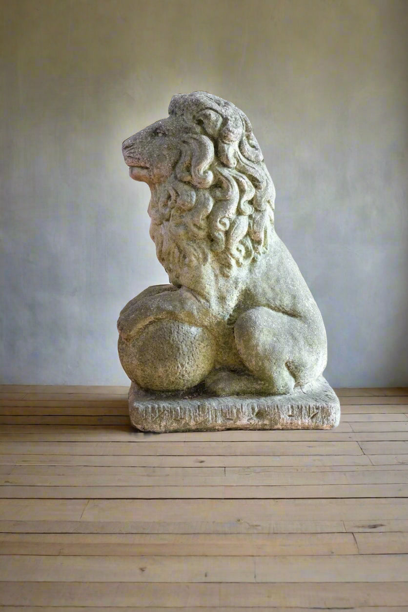 Weathered Stone Lion with Ball Guardian Pair Classic Garden Statue