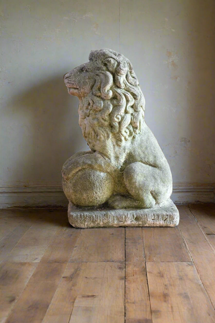 Weathered Stone Lion with Ball Guardian Pair Classic Garden Statue