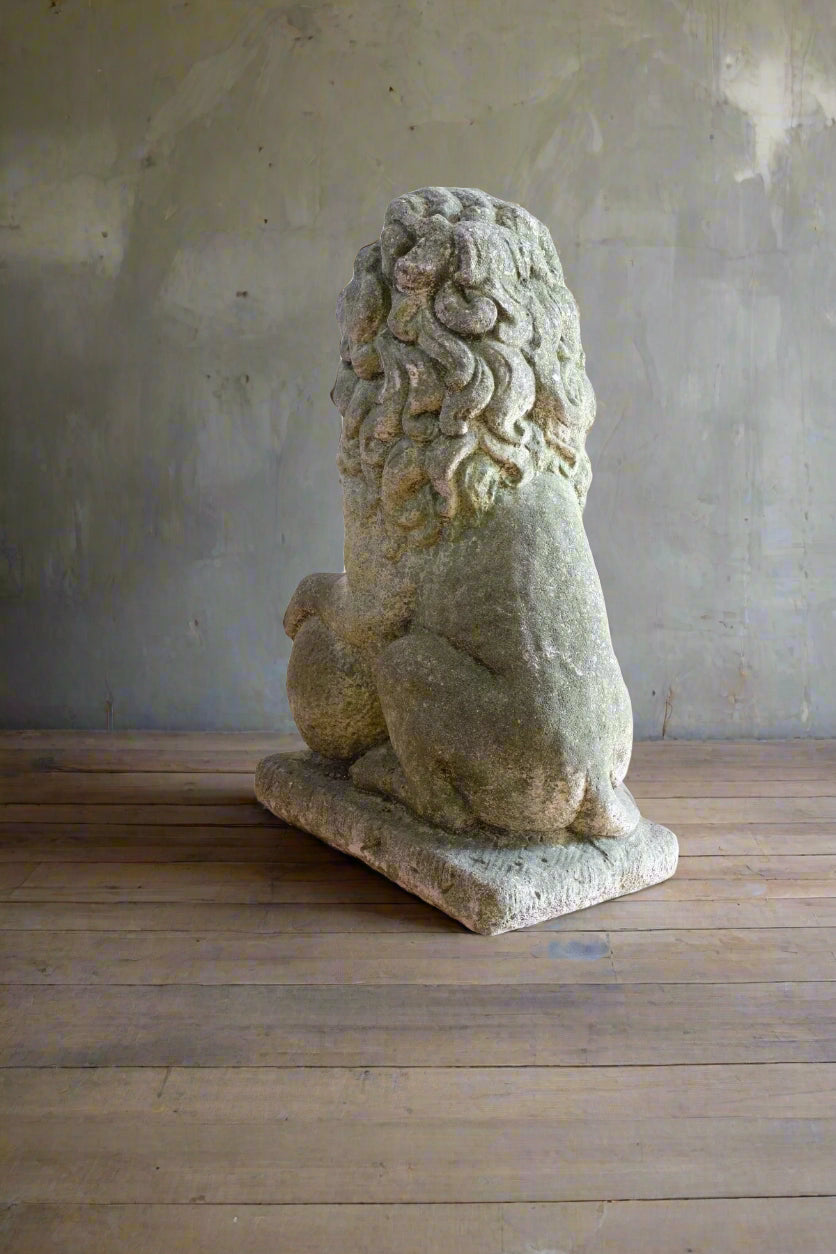 Weathered Stone Lion with Ball Guardian Pair Classic Garden Statue