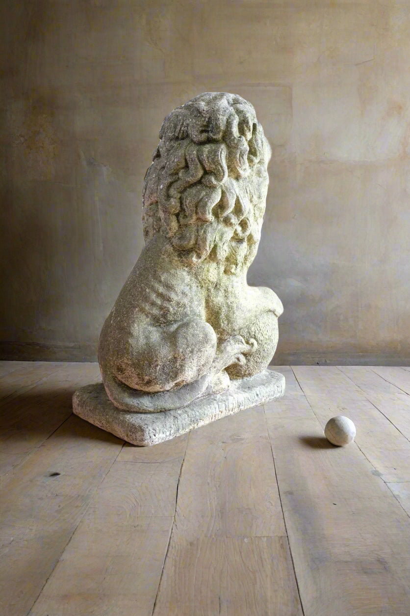 Weathered Stone Lion with Ball Guardian Pair Classic Garden Statue