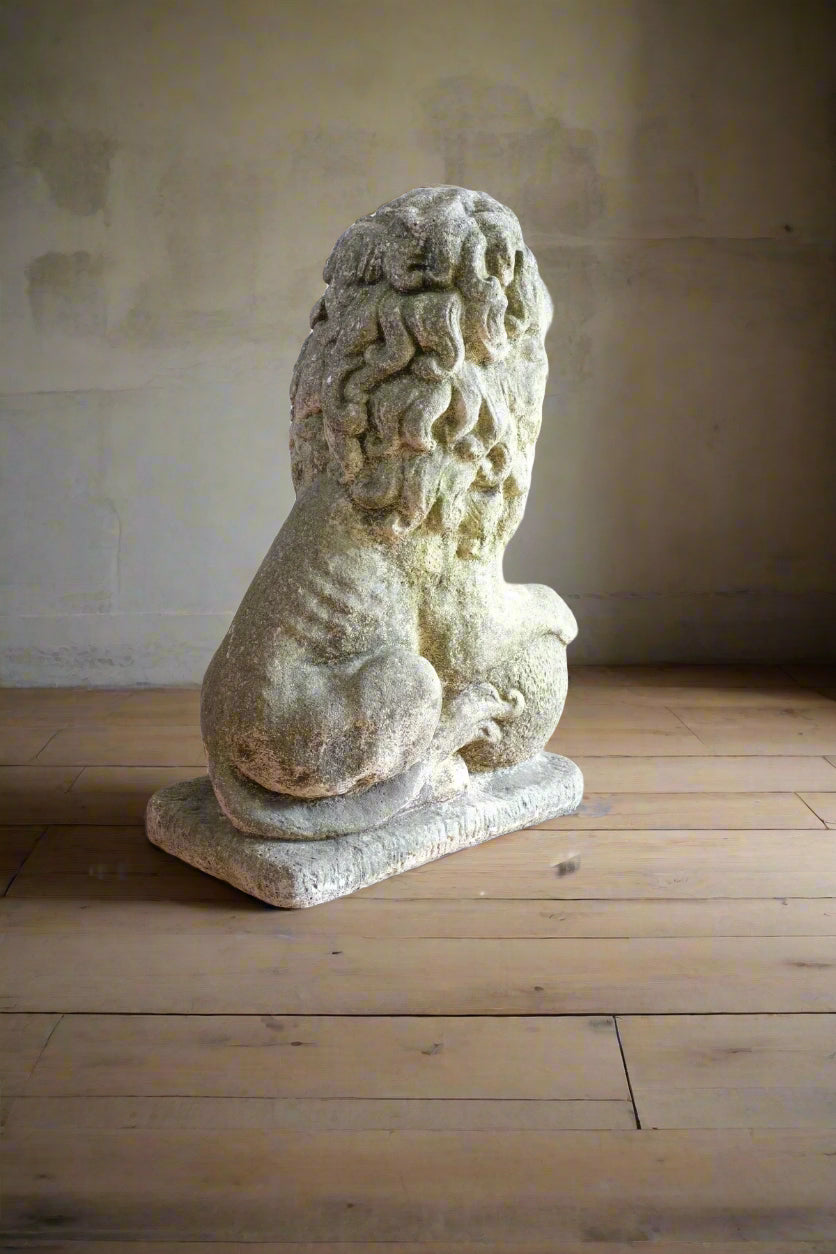 Weathered Stone Lion with Ball Guardian Pair Classic Garden Statue