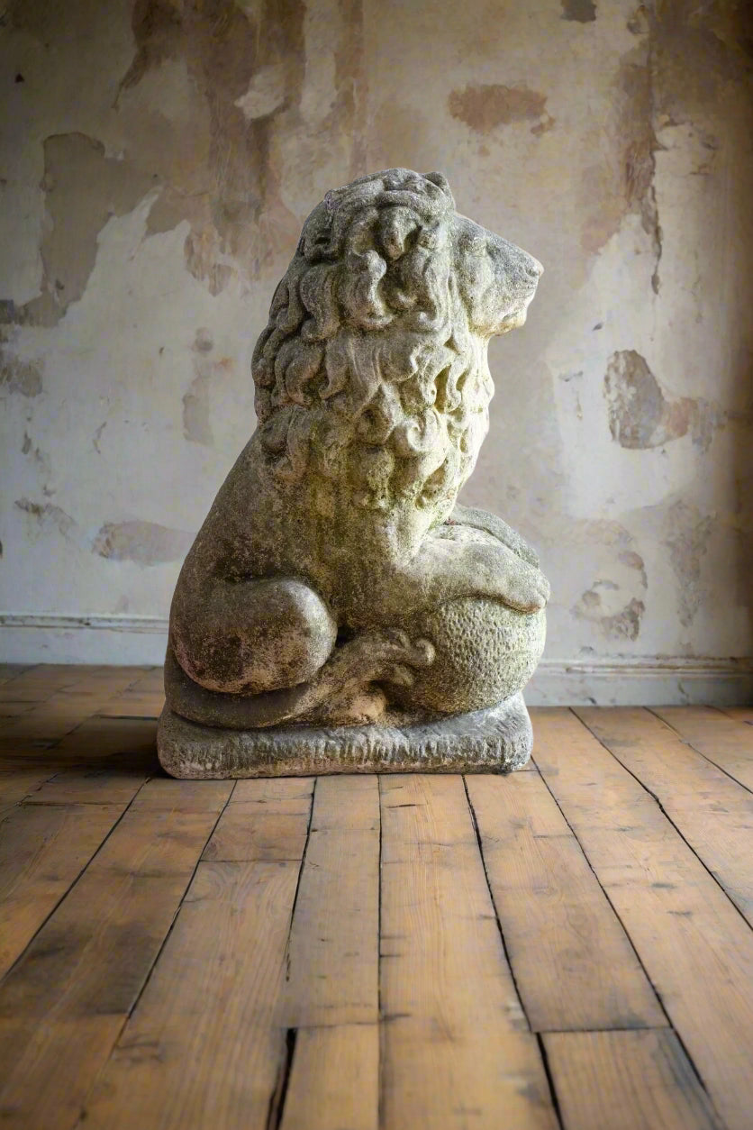 Weathered Stone Lion with Ball Guardian Pair Classic Garden Statue