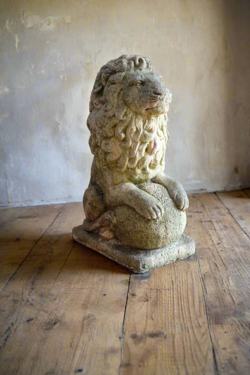 Weathered Stone Lion with Ball Guardian Pair Classic Garden Statue