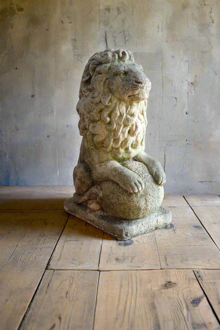Weathered Stone Lion with Ball Guardian Pair Classic Garden Statue