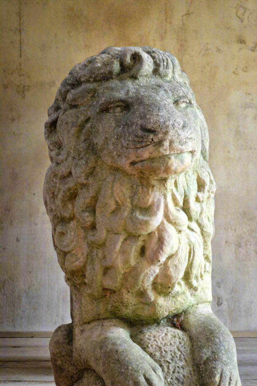 Weathered Stone Lion with Ball Guardian Pair Classic Garden Statue