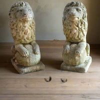 Weathered Stone Lion with Ball Guardian Pair Classic Garden Statue