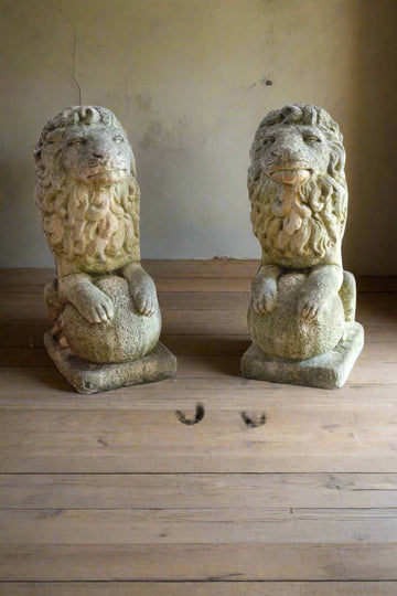 Weathered Stone Lion with Ball Guardian Pair Classic Garden Statue