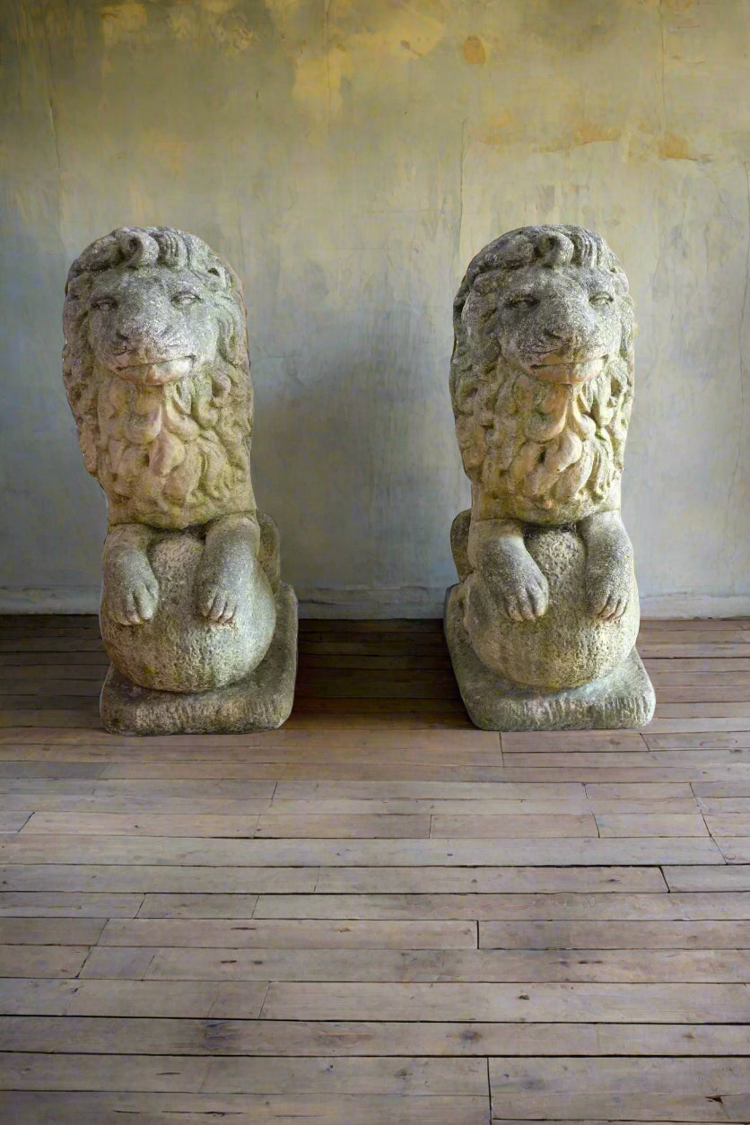 Weathered Stone Lion with Ball Guardian Pair Classic Garden Statue