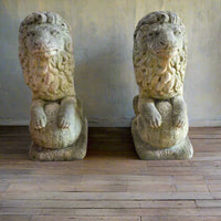 Weathered Stone Lion with Ball Guardian Pair Classic Garden Statue