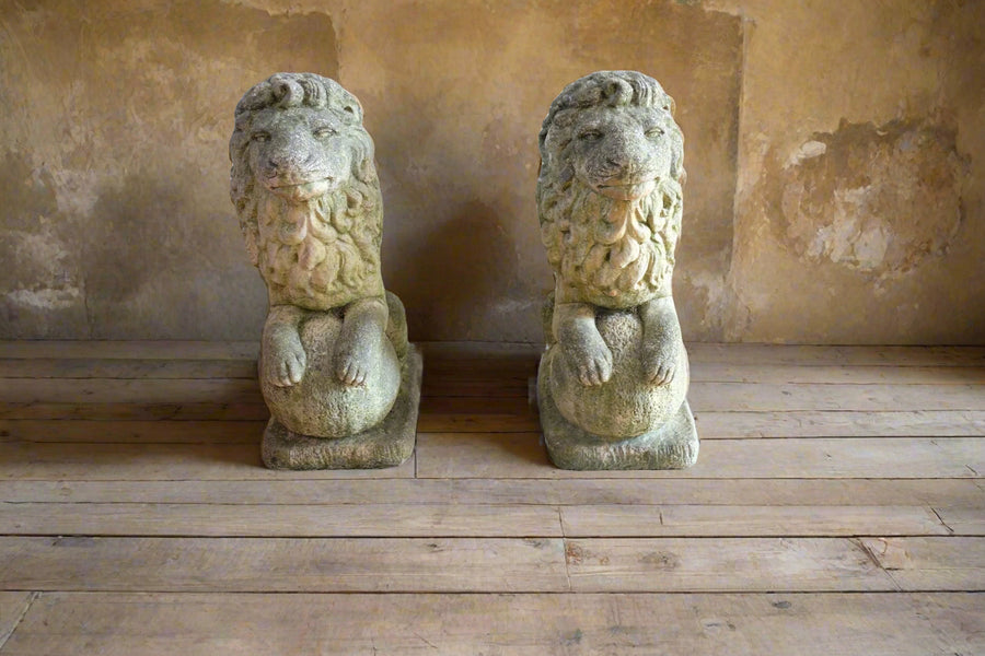 Weathered Stone Lion with Ball Guardian Pair Classic Garden Statue