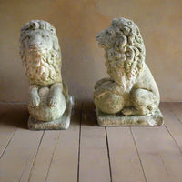 Weathered Stone Lion with Ball Guardian Pair Classic Garden Statue