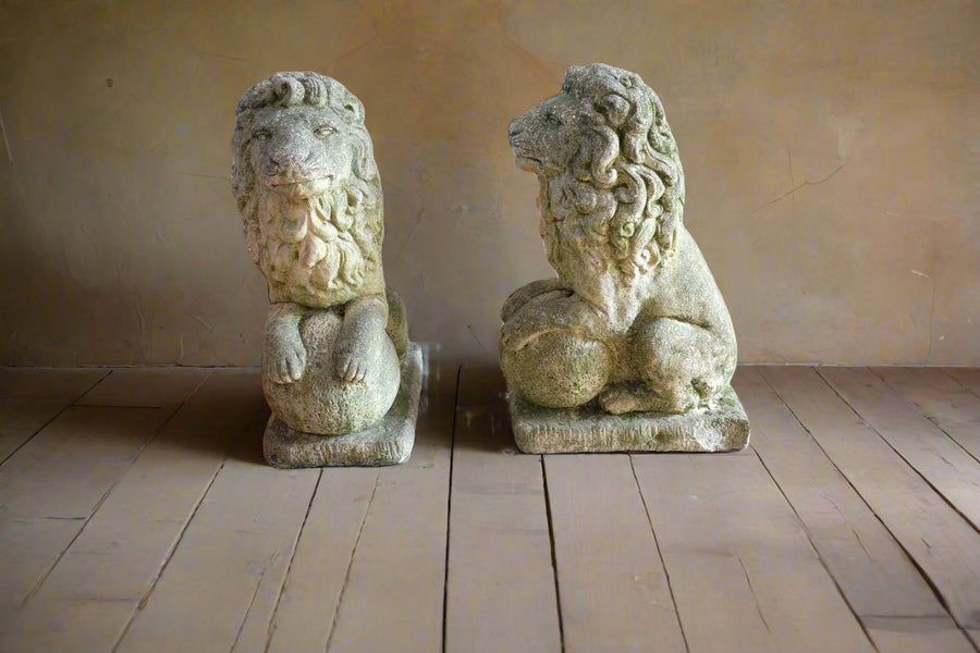 Weathered Stone Lion with Ball Guardian Pair Classic Garden Statue