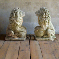 Weathered Stone Lion with Ball Guardian Pair Classic Garden Statue