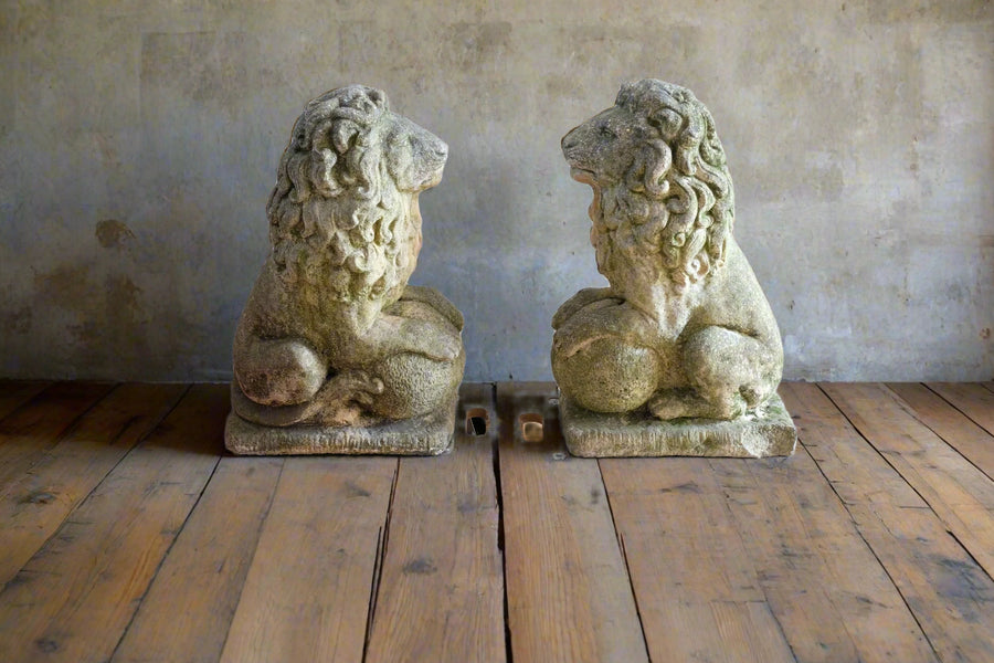 Weathered Stone Lion with Ball Guardian Pair Classic Garden Statue