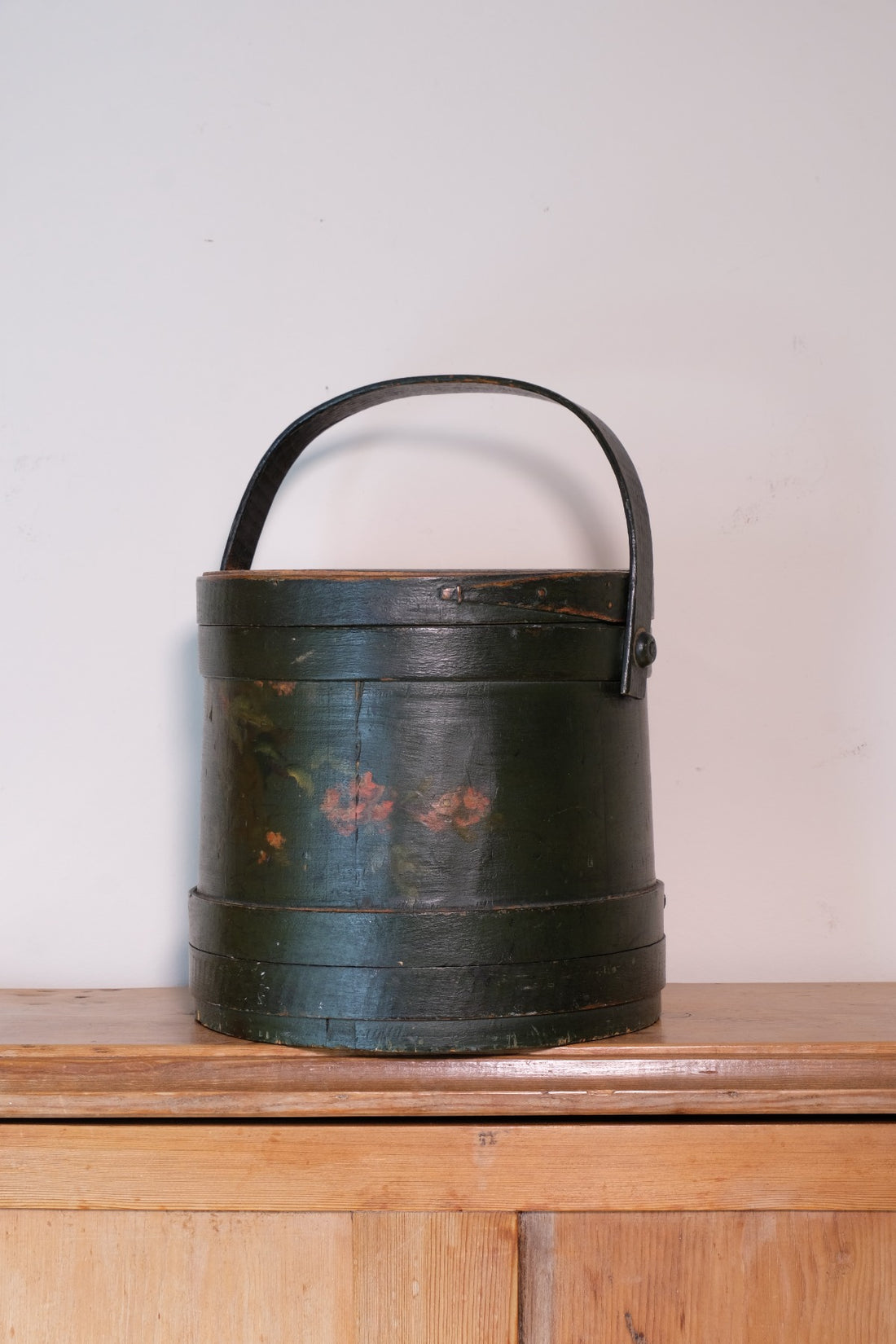 19th century American folk art painted bentwood box moss green floral