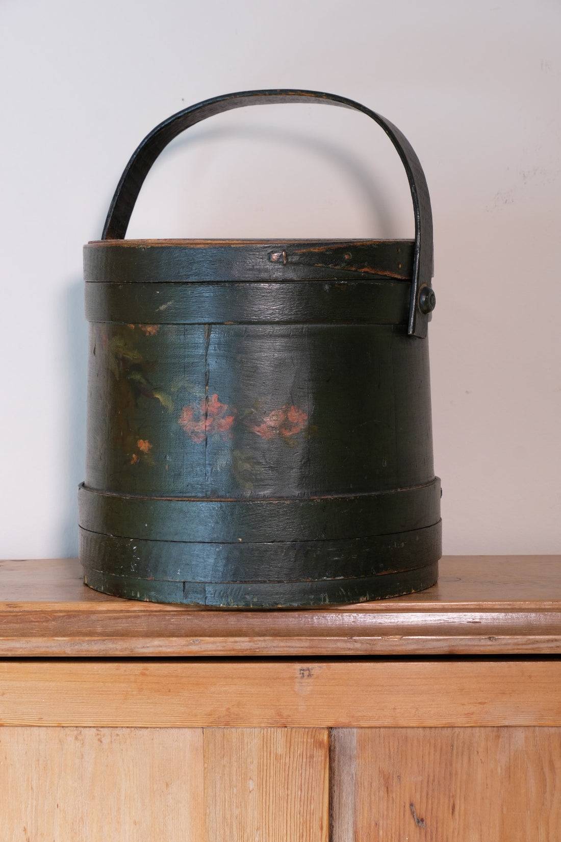 19th century American folk art painted bentwood box moss green floral
