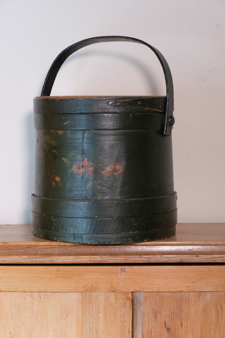 19th century American folk art painted bentwood box moss green floral