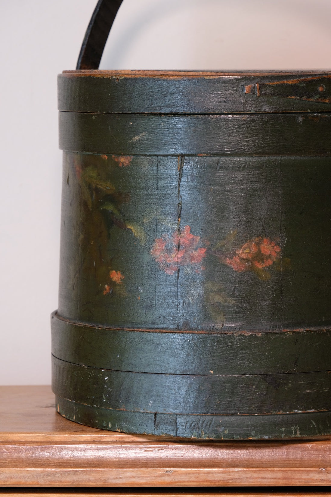 19th century American folk art painted bentwood box moss green floral