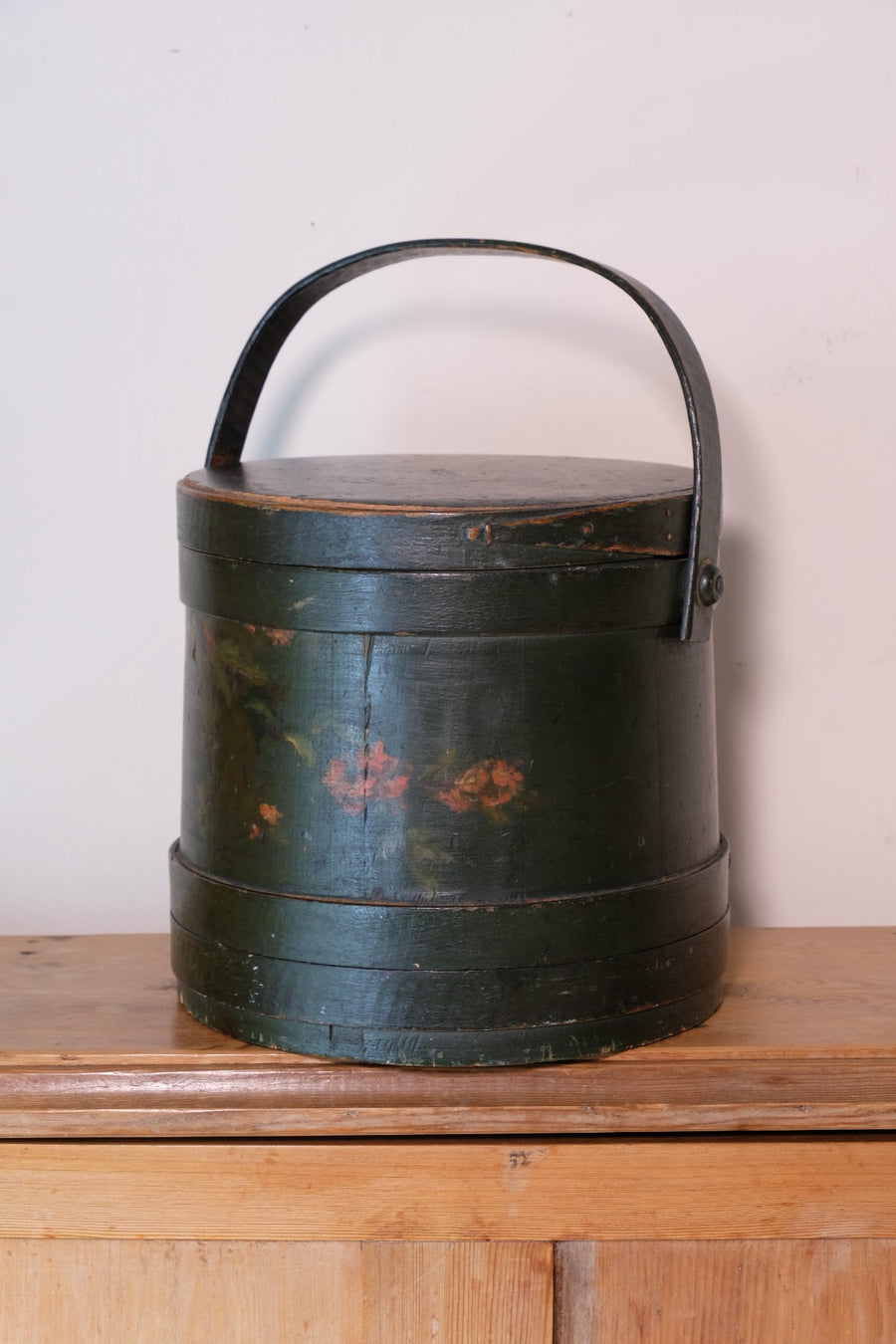 19th century American folk art painted bentwood box moss green floral