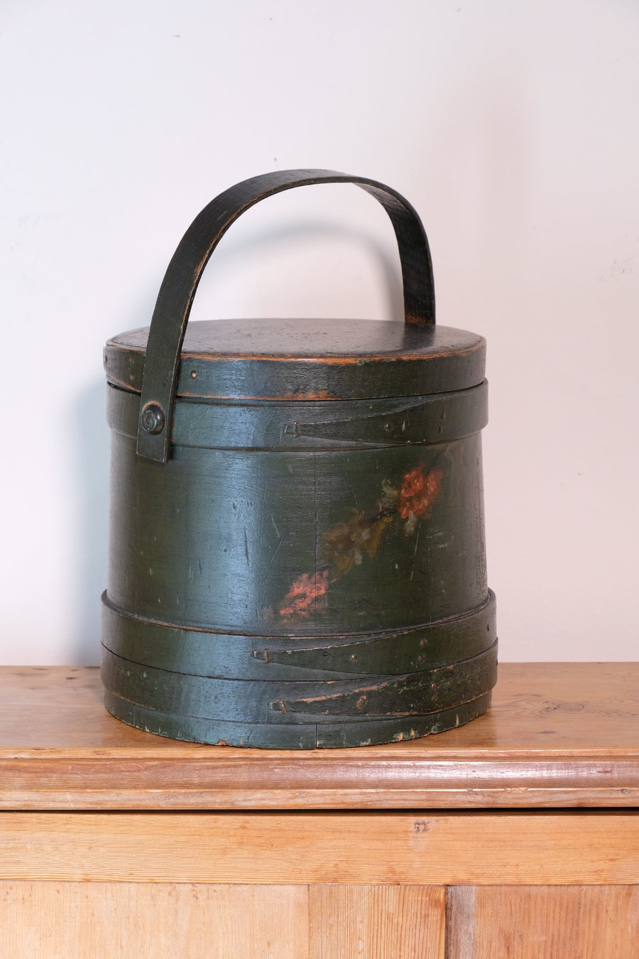 19th century American folk art painted bentwood box moss green floral