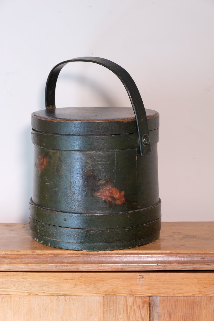 19th century American folk art painted bentwood box moss green floral