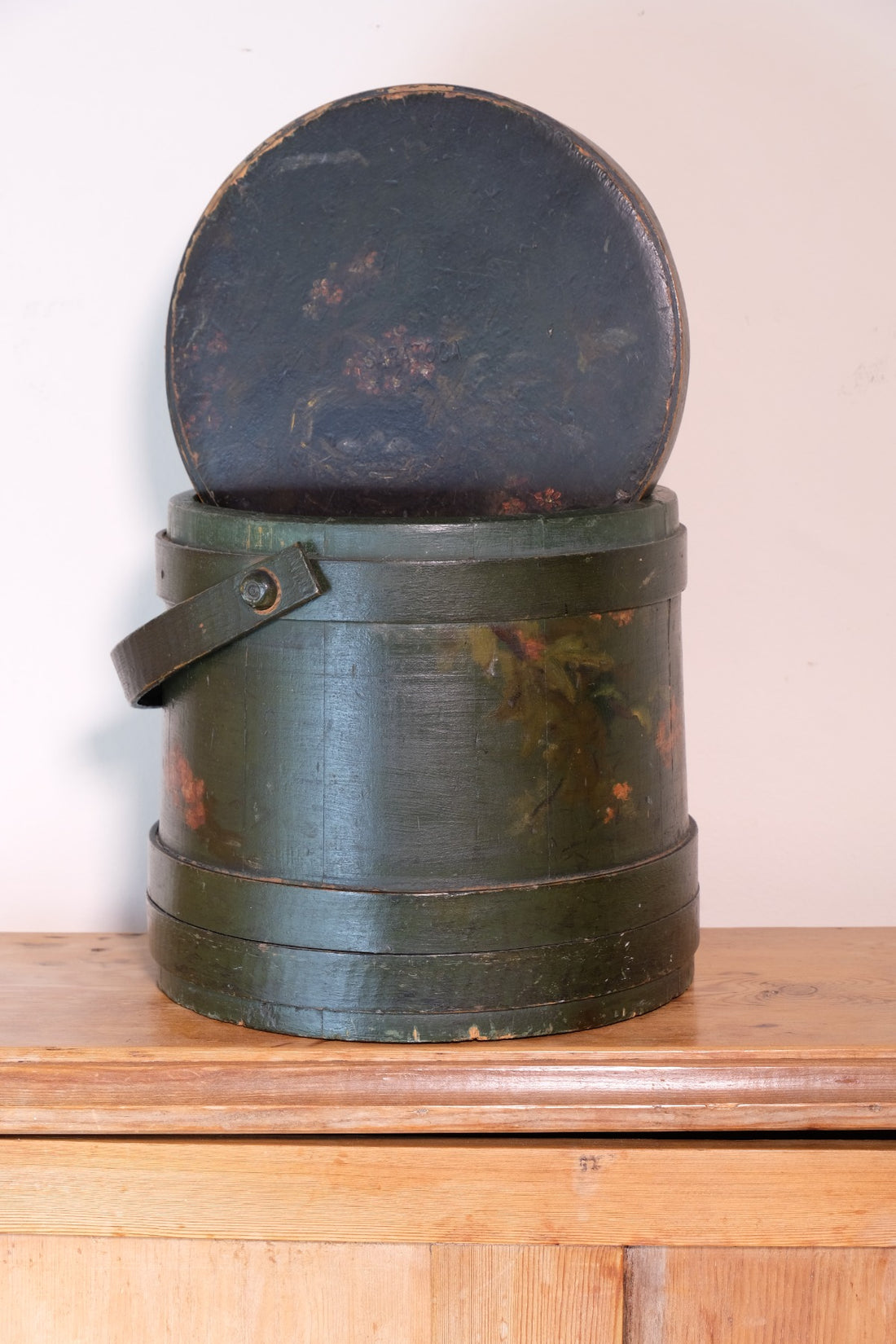 19th century American folk art painted bentwood box moss green floral