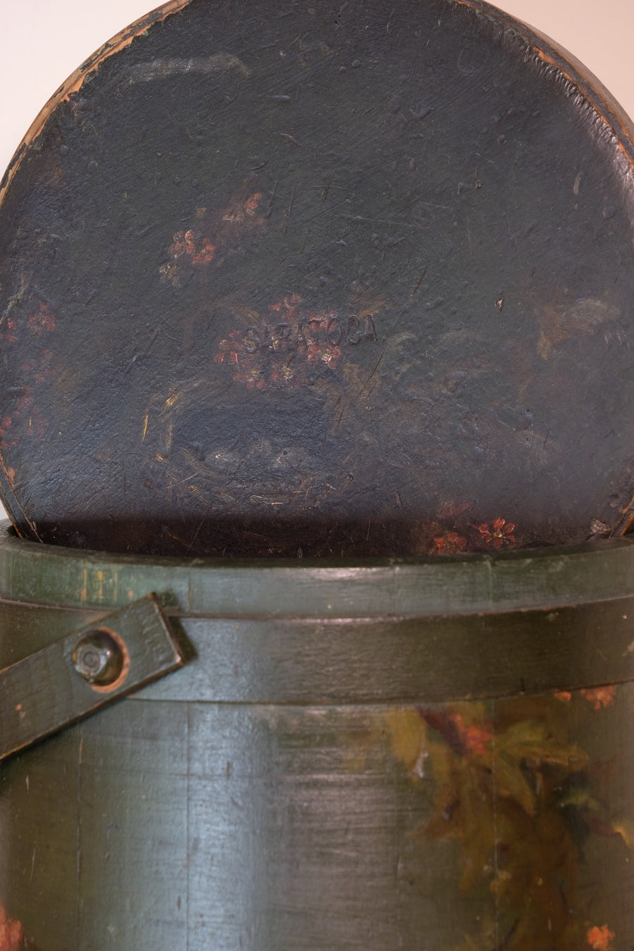 19th century American folk art painted bentwood box moss green floral