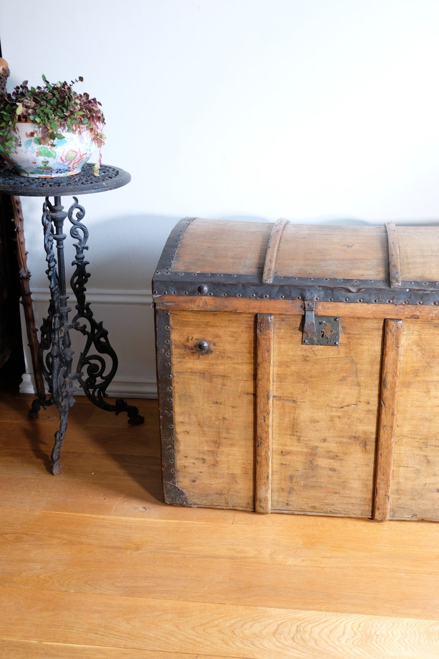antique rustic pine domed trunk with iron straps circa 1880