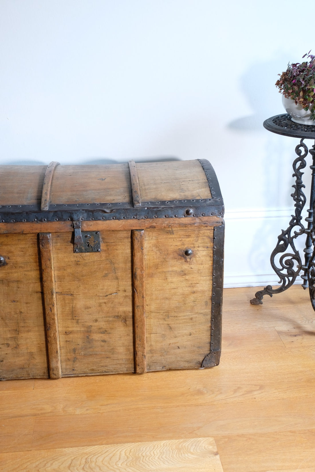 antique rustic pine domed trunk with iron straps circa 1880