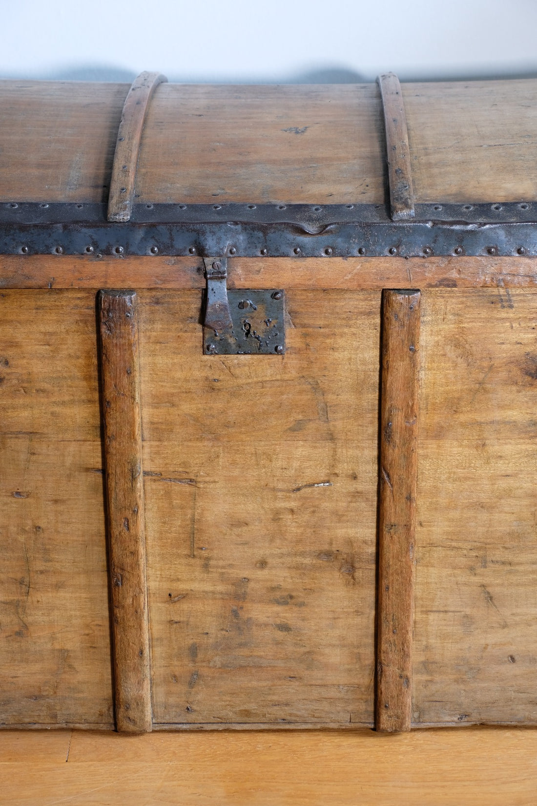 antique rustic pine domed trunk with iron straps circa 1880
