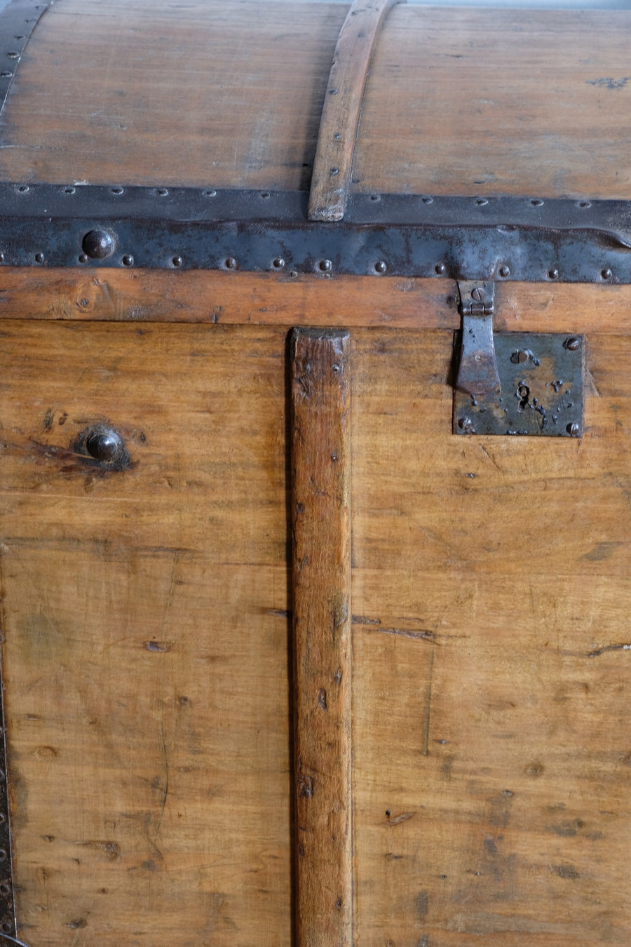 antique rustic pine domed trunk with iron straps circa 1880