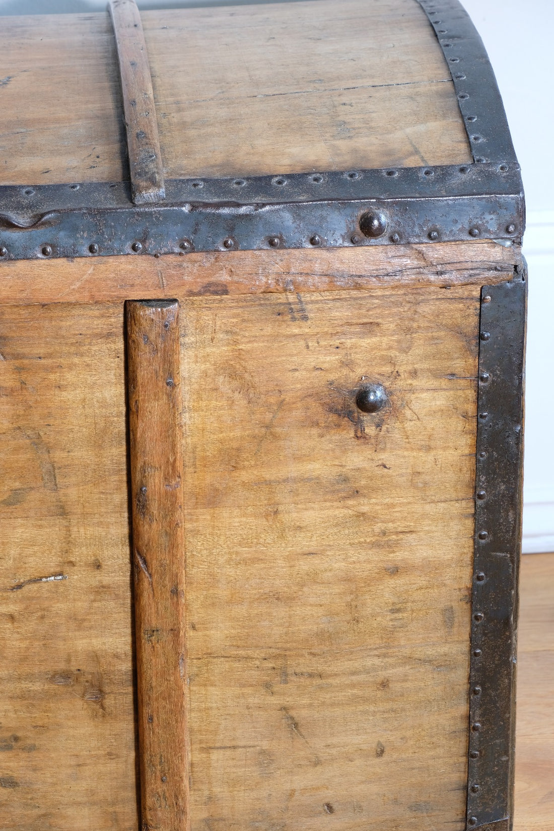 antique rustic pine domed trunk with iron straps circa 1880