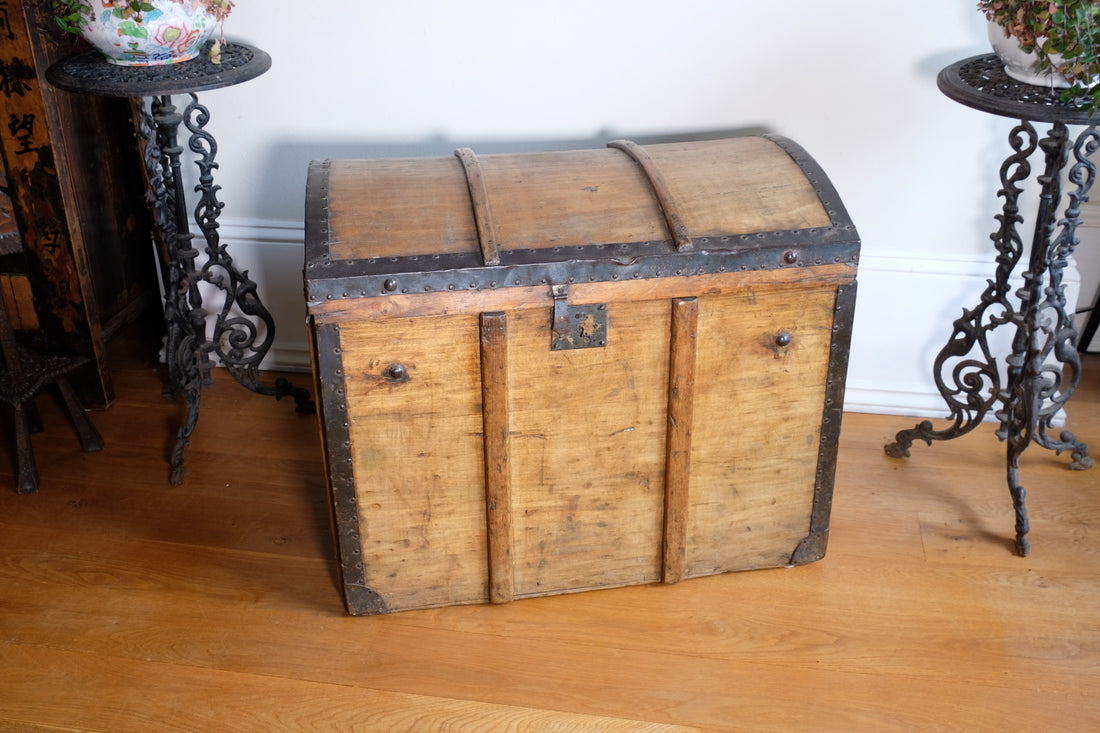 antique rustic pine domed trunk with iron straps circa 1880