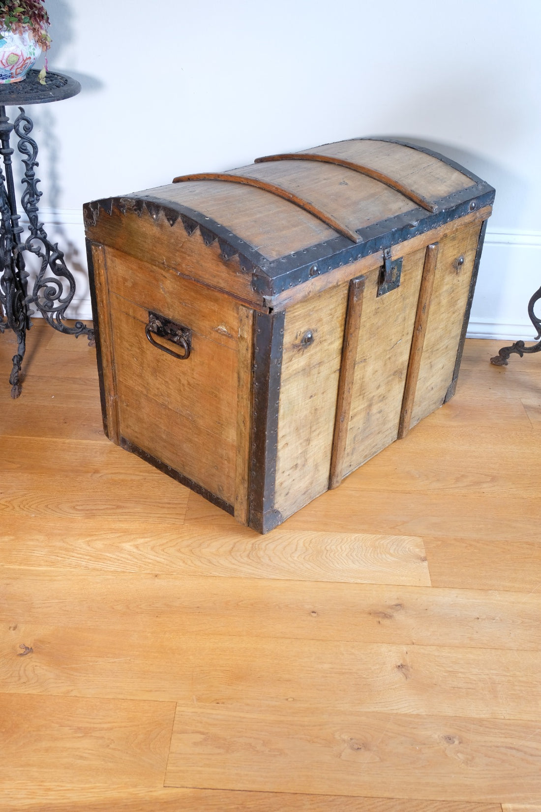 antique rustic pine domed trunk with iron straps circa 1880