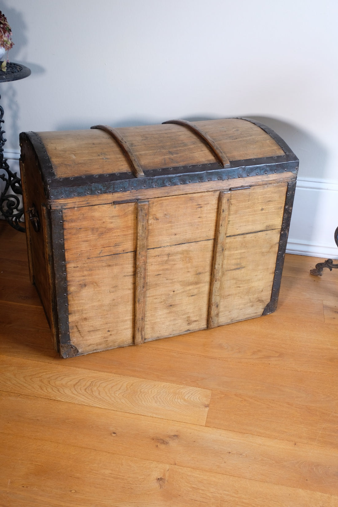 antique rustic pine domed trunk with iron straps circa 1880