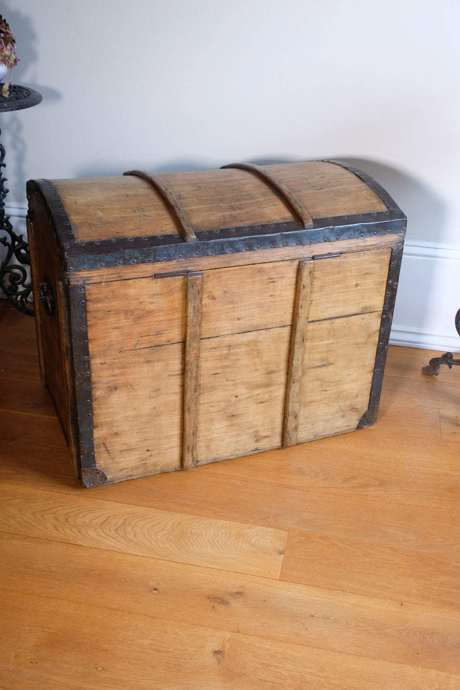 antique rustic pine domed trunk with iron straps circa 1880