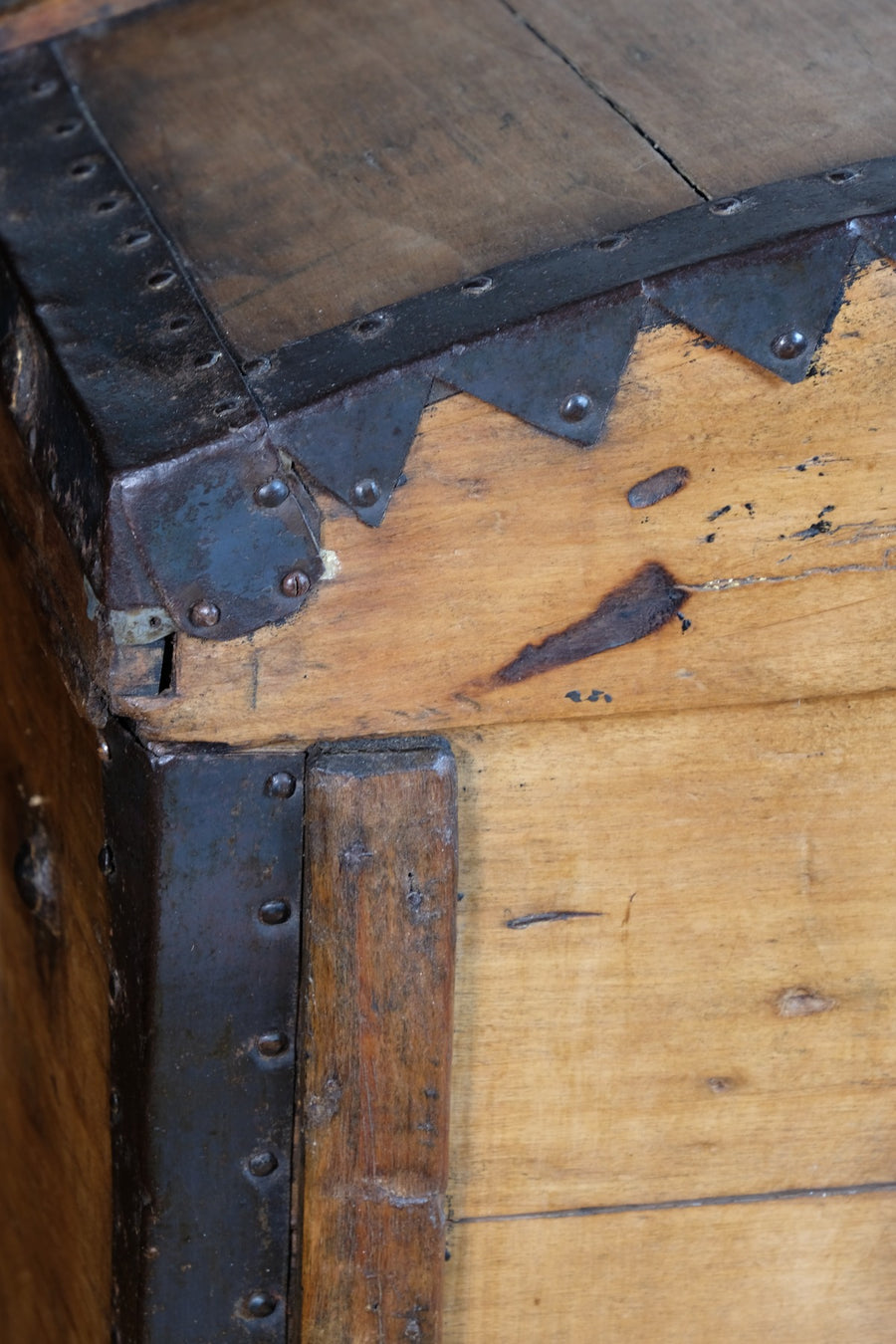 antique rustic pine domed trunk with iron straps circa 1880