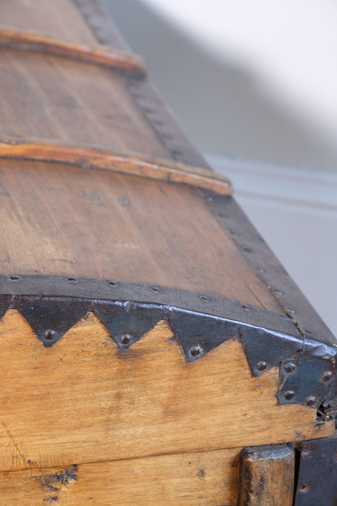 antique rustic pine domed trunk with iron straps circa 1880