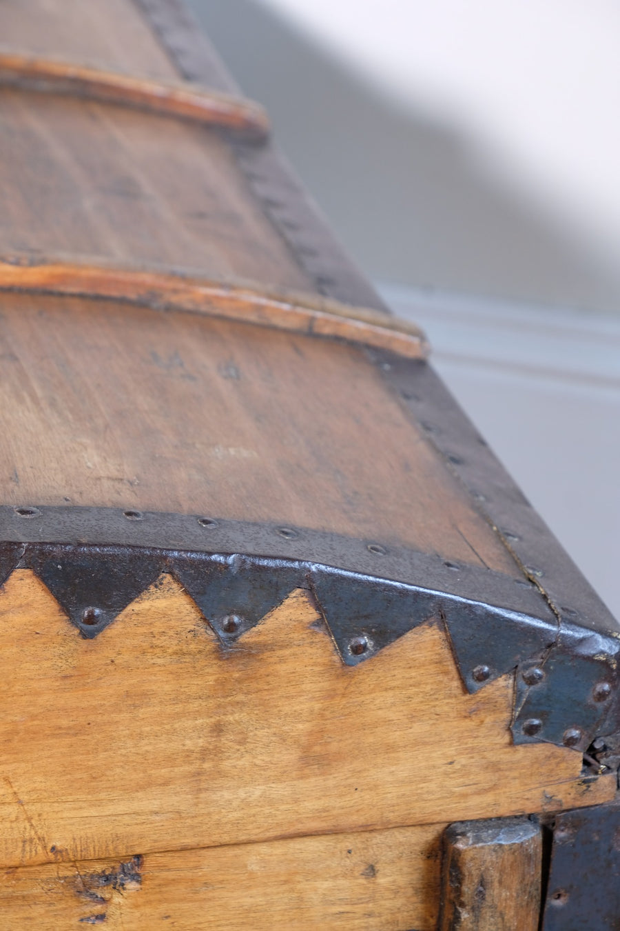 antique rustic pine domed trunk with iron straps circa 1880
