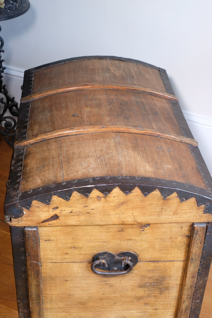 antique rustic pine domed trunk with iron straps circa 1880